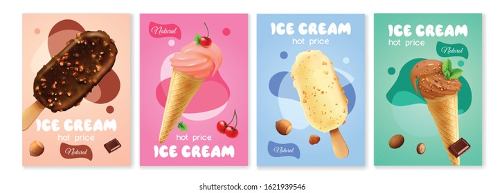 Ice cream poster set with different flavors and forms of sweet dessert isolated vector illustration  