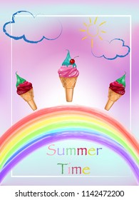 Ice Cream Poster. Summer holidays illustration. Delicious colorful ice cream in waffle cone . Vector illustration for web design or print.
