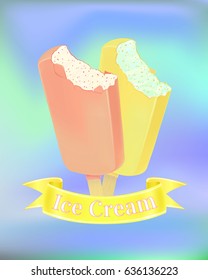 Ice Cream Poster. Vector Illustration. - stock vector.Collection of eskimo pie with white yellow and pink varieties of chocolate glaze.
