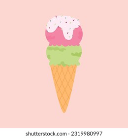Ice cream poster in a waffle cone with berry and matcha flavors top of it cream with sprinkles on white background. Vector illustration in cartoon style.