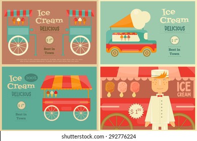 Ice Cream Posters Set in Flat Design Style. Ice Cream Vendor and Trolleys. Vector Illustration.