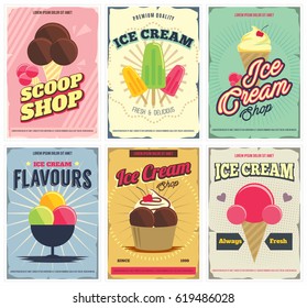 Ice Cream  Posters Set In Retro Style. Flyer Design Templates For Scoop Shop, Restaurant, Ad And More. Isolated. Vector.
