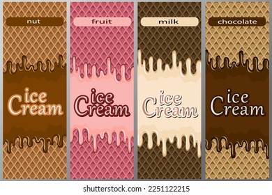 Ice cream presentation on waffle backgrounds.Collection of colorful waffle backgrounds for ice cream with toppings.