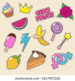 Ice cream, princess crown and candy lollipop stickers. Vector girl fashion patches. Crown and candy, collection cartoon badge illustration