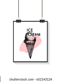 Ice cream print. Hand drawn. Vector illustration. Black photo frame on white wall. Trendy ice cream print with hand drawn waffle cone, grunge brush stroke, typography text.