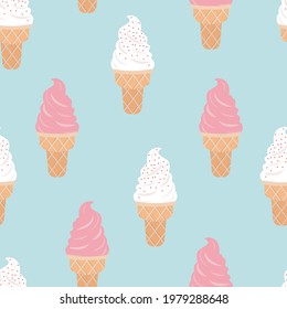 Impresión de helado Ice Ilustración vectorial en diseño plano Patrón transparente con conos de gofre en fondo azul claro