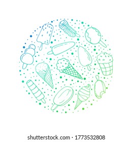 Ice cream. Printing on dishes, fabrics, clothing. Vector isolated illustration with ice cream, fruit. Doodle style. Different types of ice cream. Waffle ice cream on a white background.