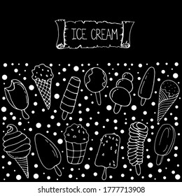 Ice cream. Printing on dishes, fabrics, clothing. Vector isolated illustration with ice cream, fruit, waffle ice cream on a black background.Doodle style. Different types of ice cream. 