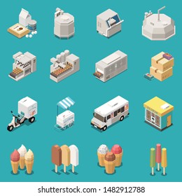 Ice cream production isometric set with manufacture equipment kinds of dessert delivery transport street cart isolated icons vector illustration