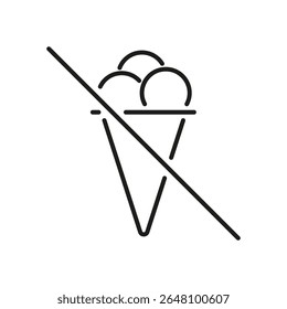 Ice Cream Prohibition Line Icon. No Ice Cream Allowed Outline Symbol. Dietary Restriction, Allergy Warning, And Health Regulation. Editable Stroke. Isolated Vector Illustration.