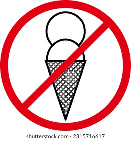 Ice cream prohibition sign. Pictogram with red crossed out circle. Vector icon.