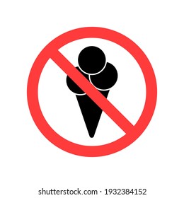 Ice cream prohibition sign. Vector icon prohibiting entry with food. Ice cream under the sign of the ban. Vector icon for public places. Vector illustration.