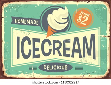 Ice Cream Promotional Retro Poster Or Sign Board Design. Vintage Metal Sign For Delicious Ice Cream In A Cone. Vector Illustration.