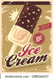 Ice Cream Promotional Retro Poster Design. Summer Sweet Dessert Vintage Sign. Icecream Ad With Chocolate, Vanilla And Hazelnut Aroma. Vector Illustration.