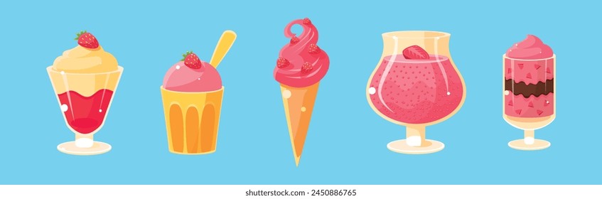 Ice Cream and Pudding in Glass as Sweet Dessert Vector Set