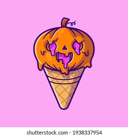 Ice Cream Pumpkin Halloween Cartoon Vector Icon Illustration. Food Holiday Icon Concept Isolated Premium Vector. Flat Cartoon Style