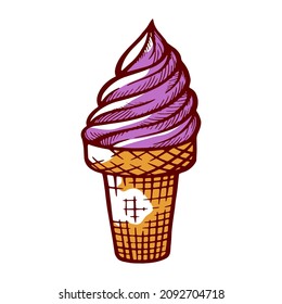 Ice cream with purple berry flavor in waffle cone vector engraved illustration. Cool refreshing iced dessert frozen milk vanilla for sweet candy eating isolated. Fresh summer frost gourmet snack