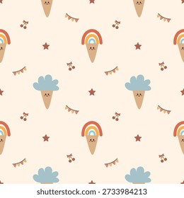 Ice cream rainbow and cloud cartoon so cute. On flag cherry star background. Pattern seamless vector illustration. 