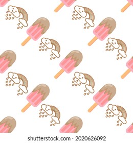 Ice cream and rainbow with cloud, rain drops seamless pattern cute vector on white background.