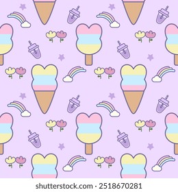 Helado de dibujos animados de conejo arco iris tan lindo. En el fondo púrpura de la flor de la bebida de la estrella de la nube del arco iris. Patrón de Ilustración vectorial sin fisuras. 