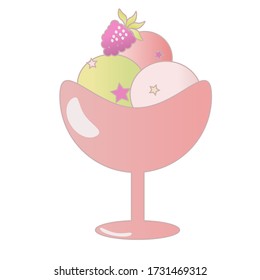 Ice cream with raspberry. Pink, white, yellow colors