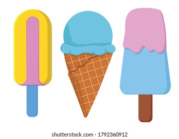Ice cream. Ice cream with raspberry, strawberry, lemon, blueberry flavor. In a waffle horn. On a stick. Fruit ice. Filler.

