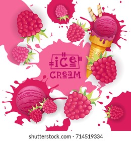 Ice Cream With Raspberry Taste Dessert Colorful Poster Vector Illustration