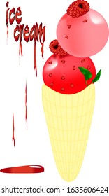 ice cream with raspberry two balls, in a waffle cup, with raspberries