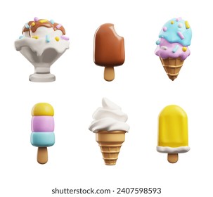 Ice cream realistic 3D icons set. Vector isolated sundae scoop in crispy waffle. Fruit or vanilla ice cream swirl in wafer cone, chocolate eskimo on a stick. Frozen dessert with candy in bowl