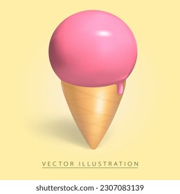 Ice cream in realistic 3d, volumetric plastic style, vector illustration.