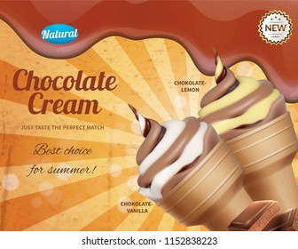 Ice cream realistic advertising composition with portions of icecream cornet and ornate text available for editing vector illustration