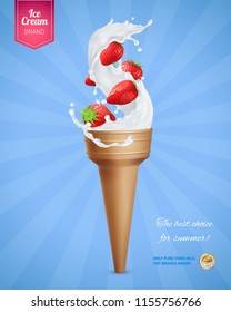 Ice cream realistic advertising composition with icecream cornet and strawberry berries with editable text and logo vector illustration