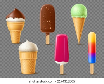 Ice cream. Realistic milk dessert, cold yogurt, summer frozen juice, sweet food, vanilla, mint and chocolate, waffle cones and sticks, fruity popsicle, isolated 3d elements, utter vector set