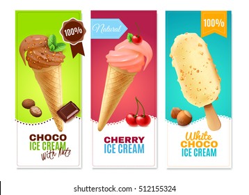 Ice cream realistic vertical banners with advertising of chocolate and cherry cones and white chocolate eskimo pie with nuts vector illustration