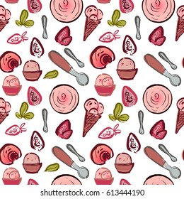 Ice cream recipe elements. Strawberry. Frozen yogurt seamless pattern. Hand drawn background for your design: cafe, recipe, cooking book. Seamless pattern