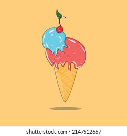 Ice cream with red and blue scoop in waffle cone