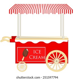Ice cream red cart vector icon isolated, ice cream stand, ice cream shop, ice cream vendor