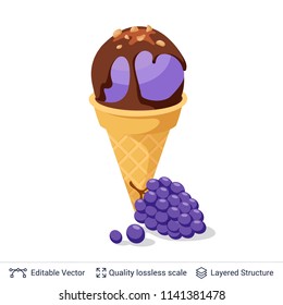 Ice cream refreshing dessert. Ice cream ball in waffle cone with chocolate topping and grapes.