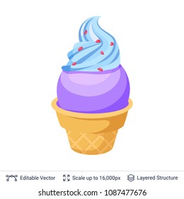 Ice cream refreshing dessert. Blue soft ice cream in waffle cup with fruit flakes.