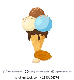 Ice cream refreshing dessert. Caramel vanilla ice cream balls in waffle cone with chocolate topping and almond nuts.