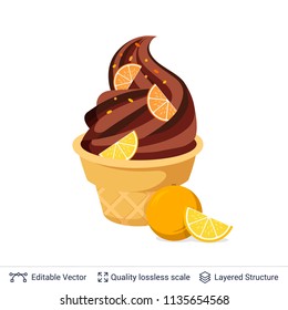 Ice cream refreshing dessert. Chocolate coffee caramel soft ice cream in waffle cup with citrus slices.