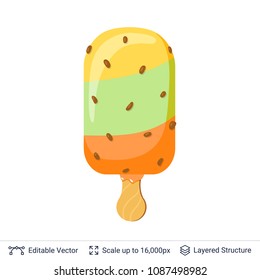 Ice cream refreshing dessert. Fruity ice cream on wooden stick with chocolate chips.