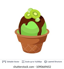 Ice cream refreshing dessert. Green ice cream ball in waffle cup with chocolate topping and kiwi slices.