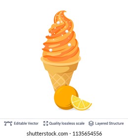 Ice cream refreshing dessert. Orange citrus soft ice cream in waffle cone with pearls.