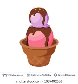 Ice cream refreshing dessert. Pink ice cream balls in waffle cup with chocolate topping and crispy nuts.