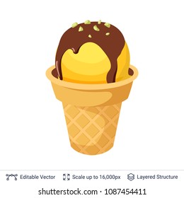 Ice cream refreshing dessert. Yellow ice cream ball in waffle cup with chocolate topping and crispy nuts.