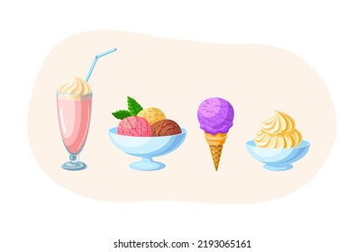 Ice cream refreshing desserts of different flavors set. Milkshake, balls and soft ice cream in glass bowl and waffle cone. Sweet tasty desserts for summer menu cartoon vector