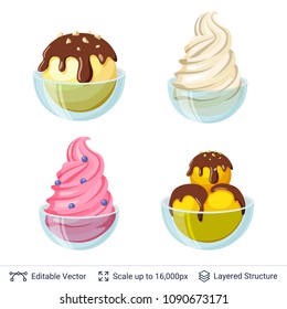 Ice cream refreshing desserts set. Balls and soft ice cream in glass bowl. Easy to combine and recolor vector objects.