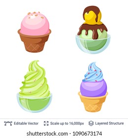 Ice cream refreshing desserts set. Balls and soft ice cream in glass bowl and waffle cup. Easy to combine and recolor vector objects.