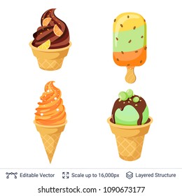 Ice cream refreshing desserts set. Balls and soft ice cream in waffle cup cone. Easy to combine and recolor vector objects.